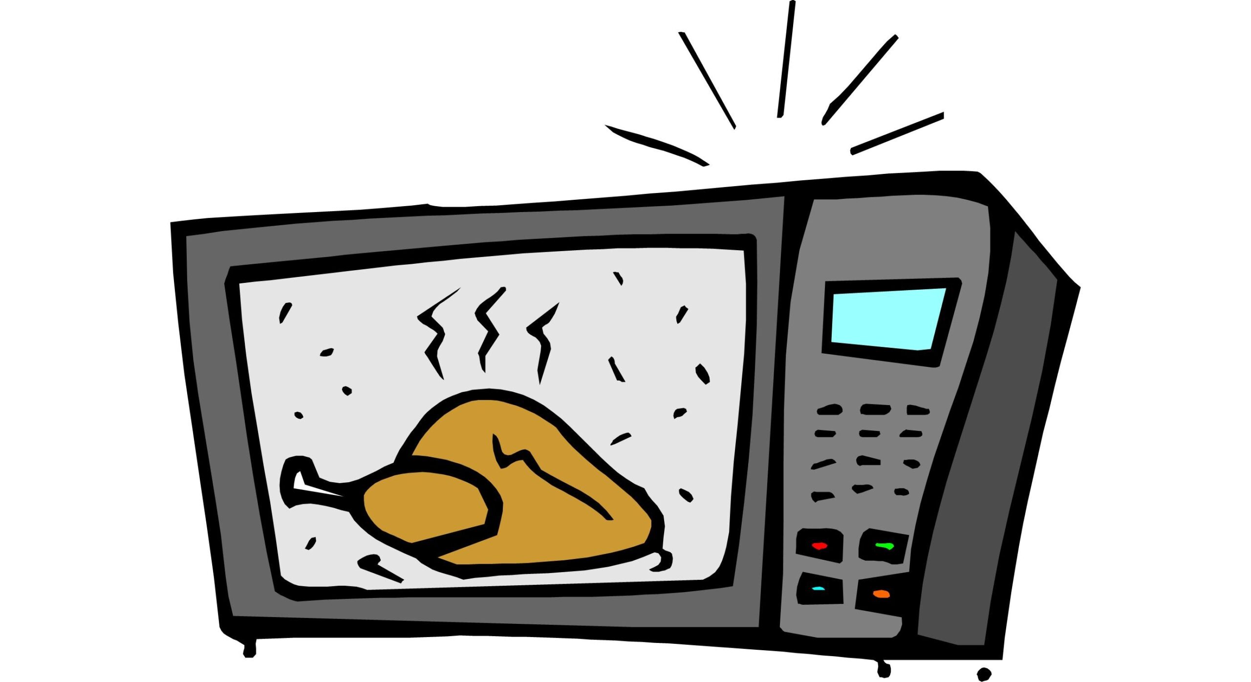 cartoon depiction of a whole turkey cooking in a microwave