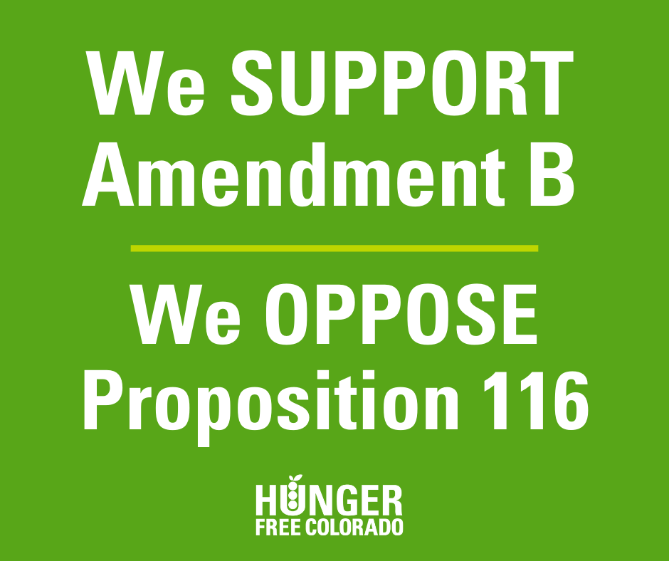 white text that says "we support Amendment B, We oppose Proposition 116" on green background