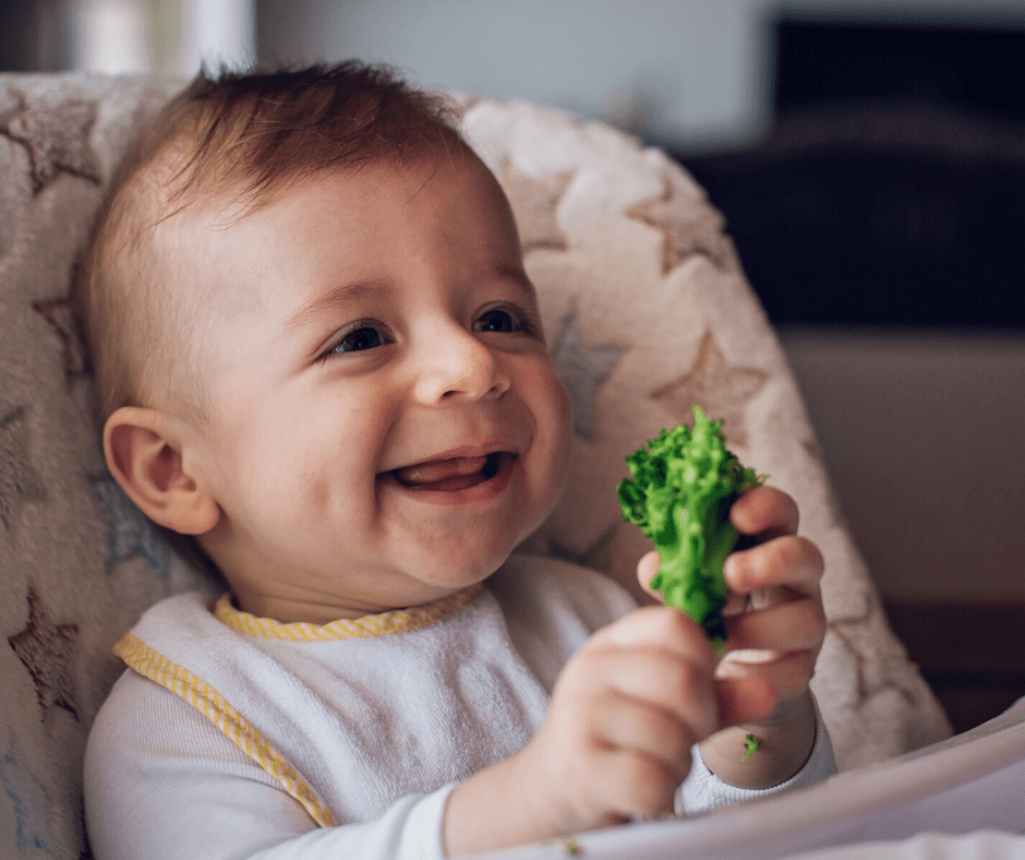 Baby holds a vegetable and is smiling (community voices)